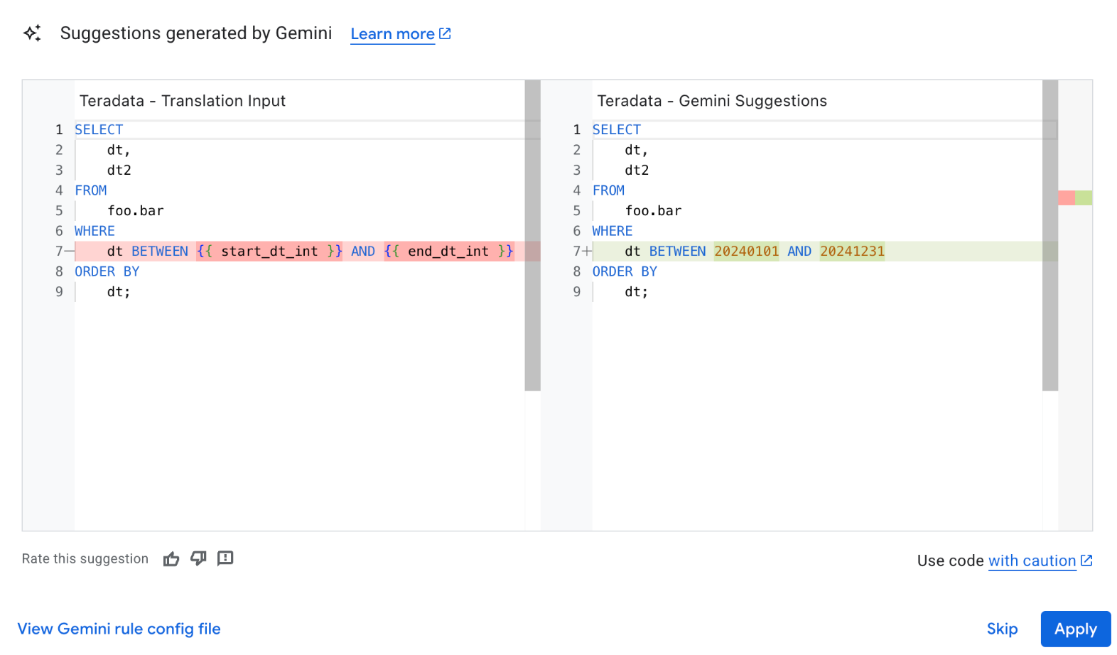 Apply changes from Gemini-based configuration YAML file