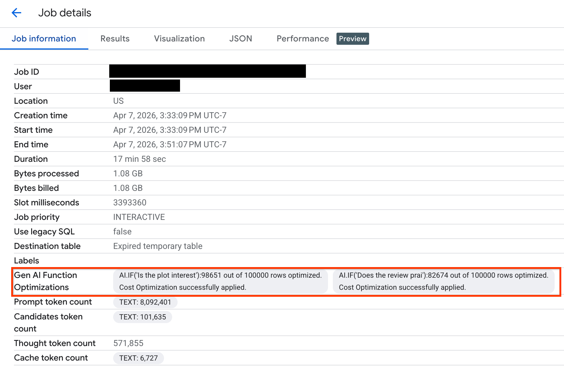 Gen AI function optimizations field in the job information tab
