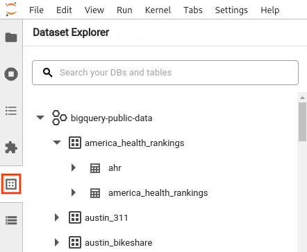 Panel Penjelajah Set Data menampilkan project yang diperluas dan daftar set data.