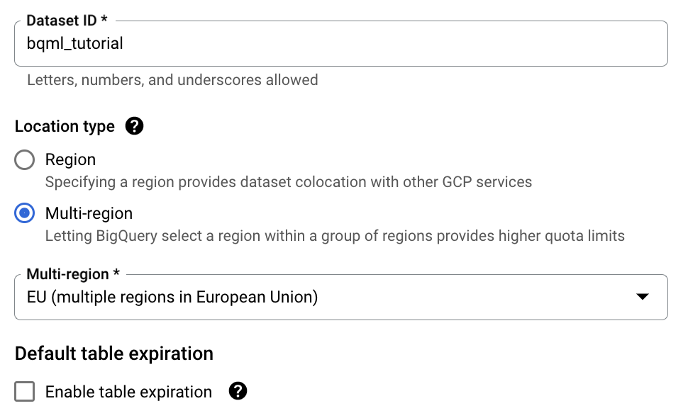 Página de criação do conjunto de dados.