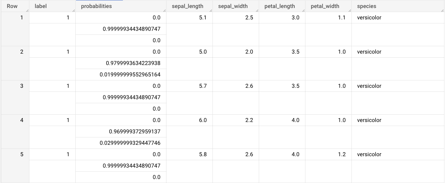 Résultat de la requête ML.PREDICT