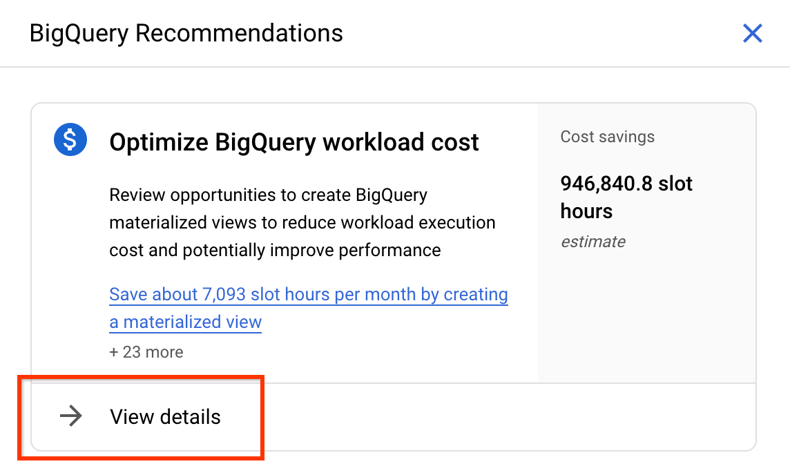Details ansehen, um alle BigQuery-Empfehlungen aufzurufen