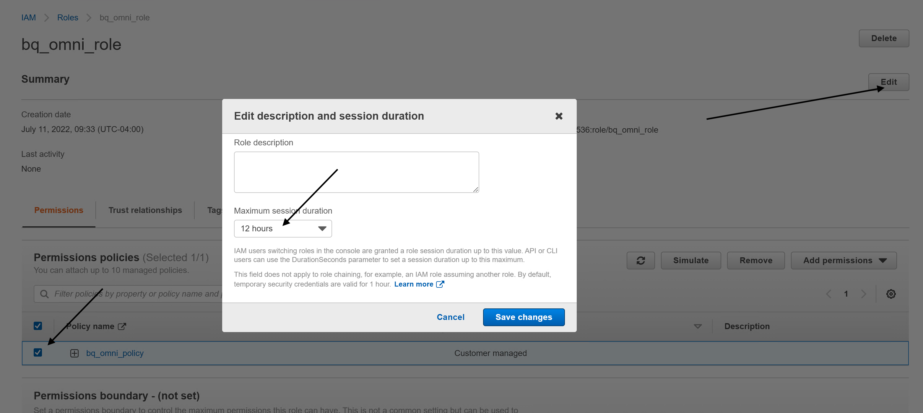 Button "Edit" (Bearbeiten) in AWS zum Festlegen der Sitzungsdauer.