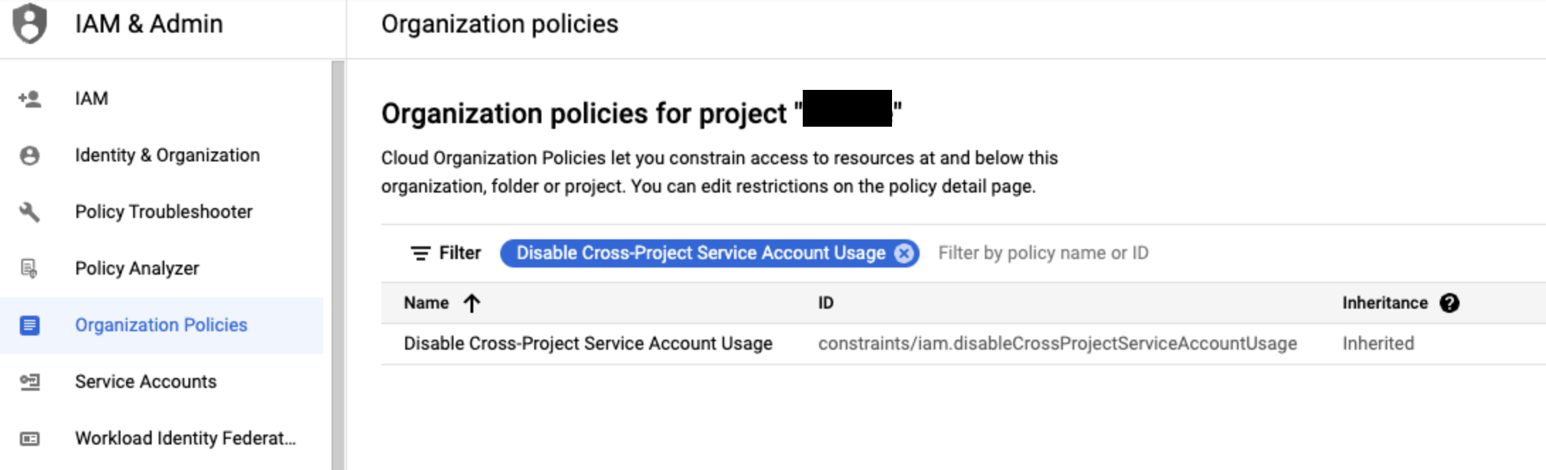 Verifique se a política de utilização da conta de serviço entre projetos é aplicada a uma conta de serviço.
