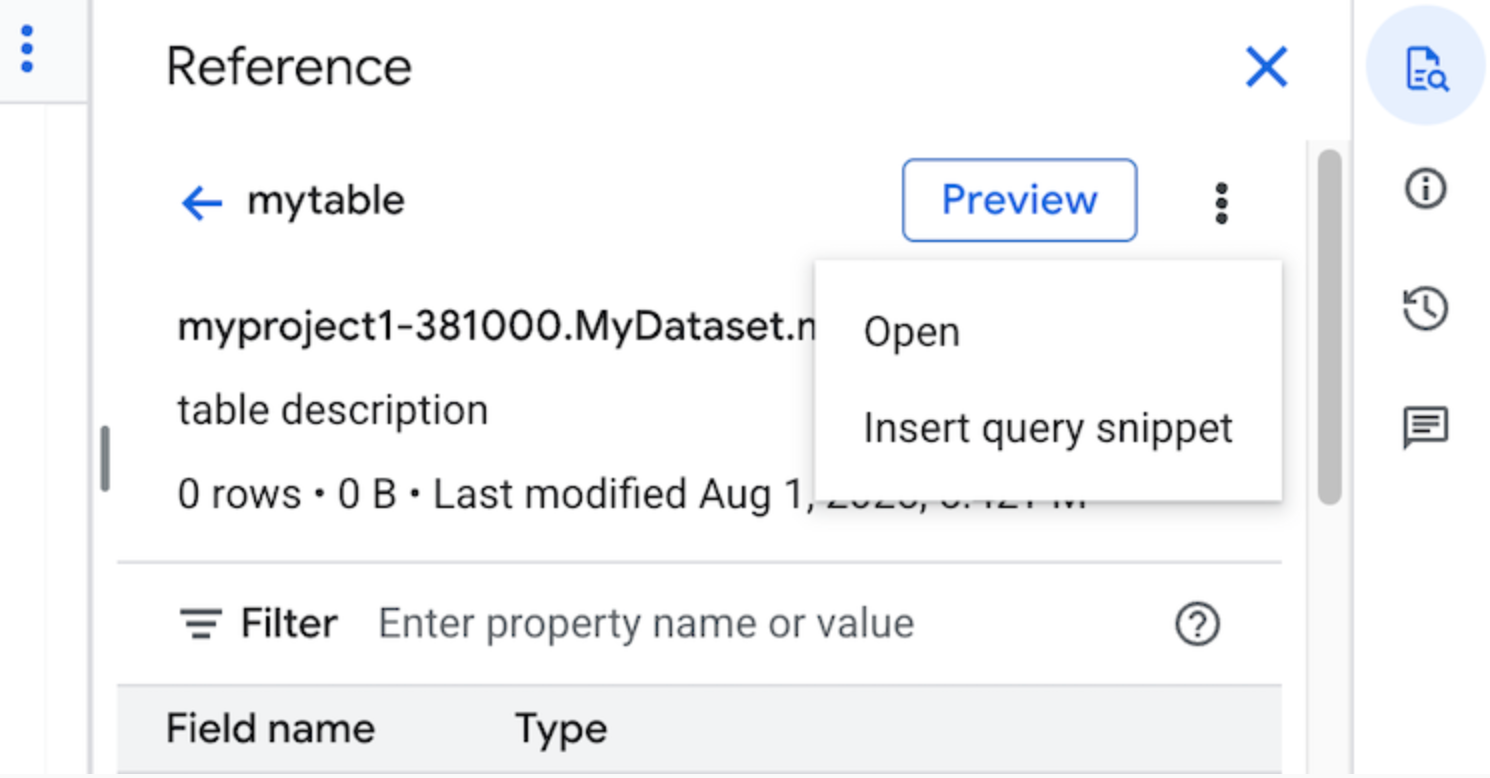 Riquadro di riferimento nell'editor query
