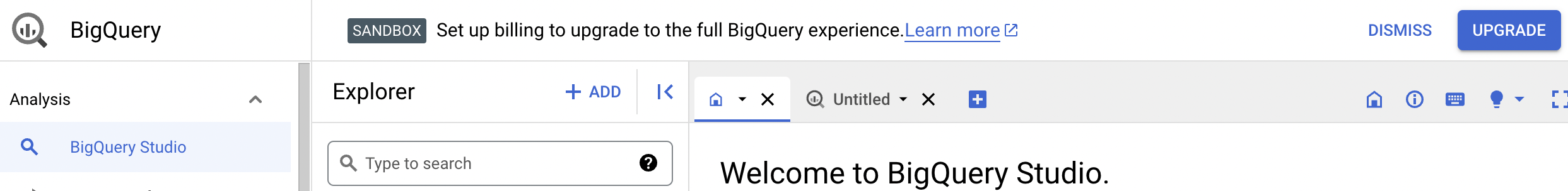 확인 알림에는 완전형 BigQuery 환경으로 업그레이드할 수 있는 옵션이 제공됩니다.