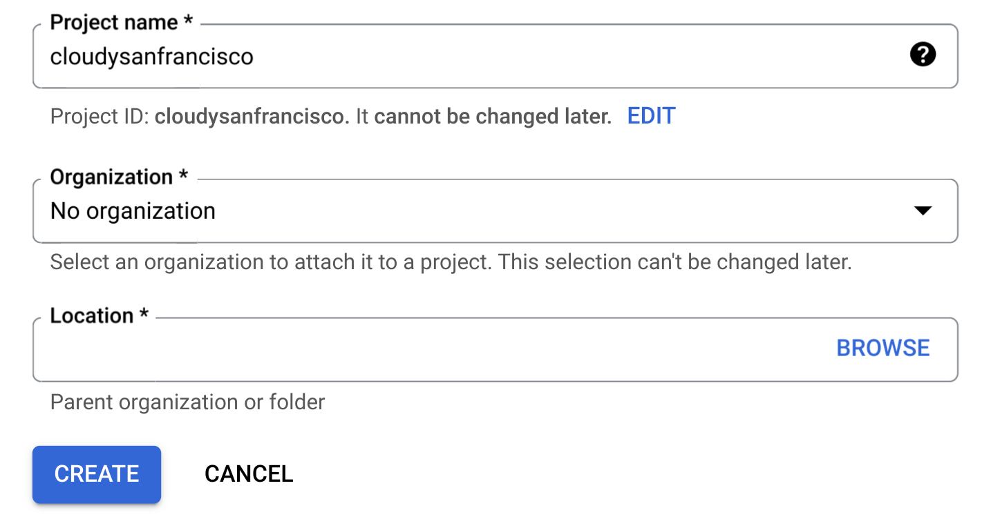 Página de criação do projeto do sandbox do BigQuery.