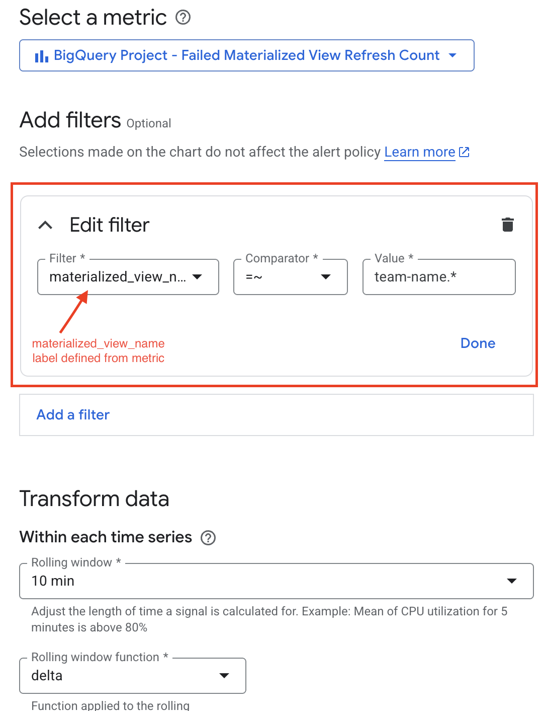 Screenshot showing the add metrics interface with a materialized view filter selected