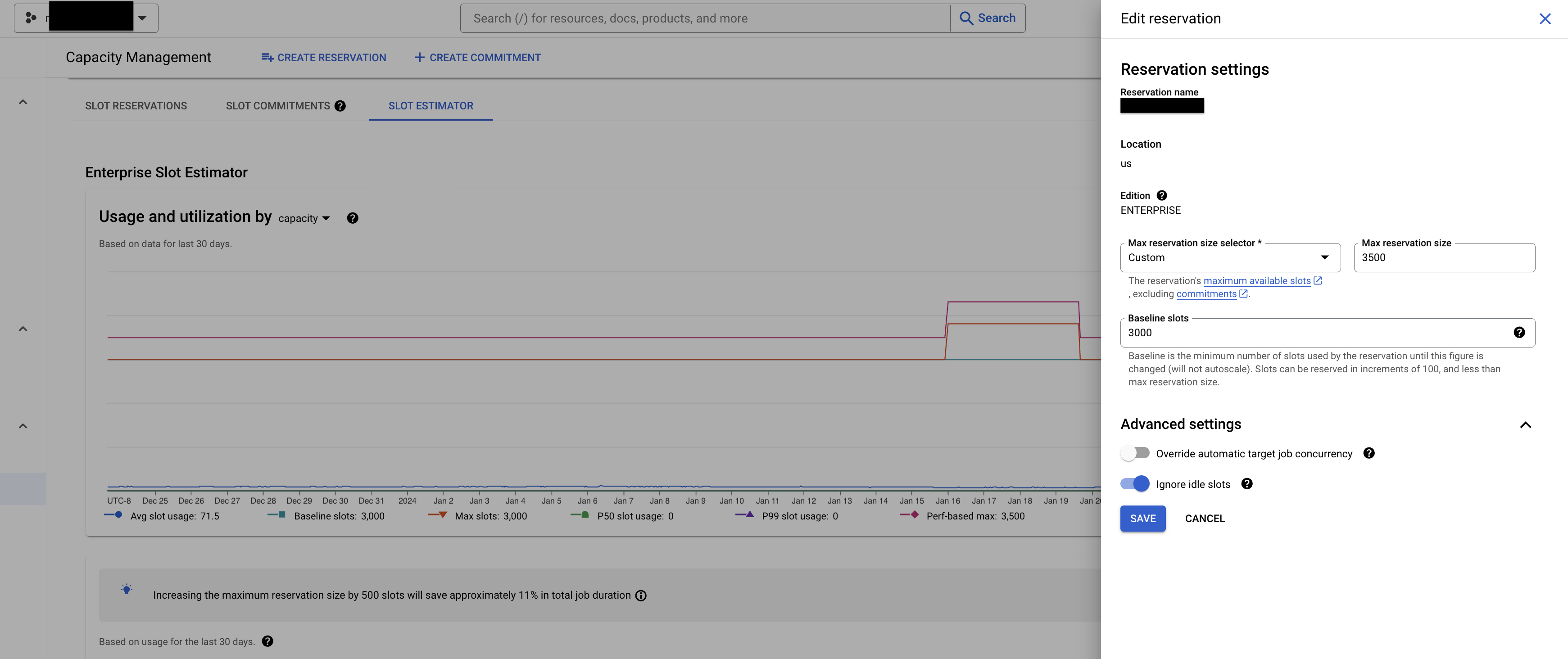 Edição da recomendação de reserva do recomendador de slot no
consoleGoogle Cloud .