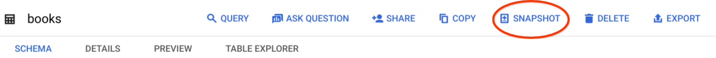 BigQuery 콘솔의 스냅샷 버튼을 보여주는 스크린샷