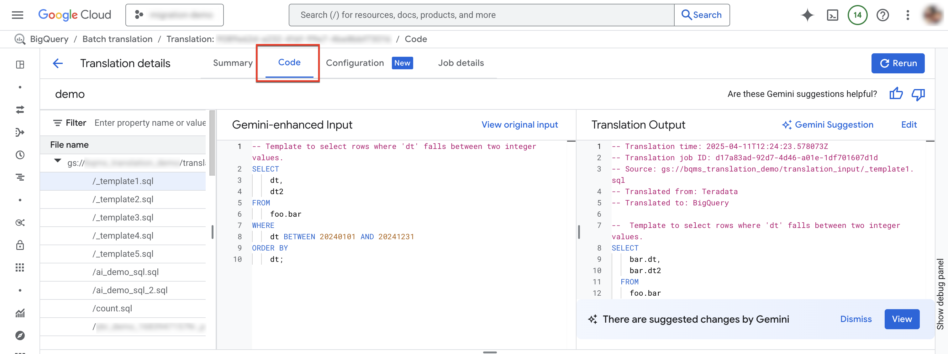 Affichez l'onglet "Code" sur la page de traduction SQL.