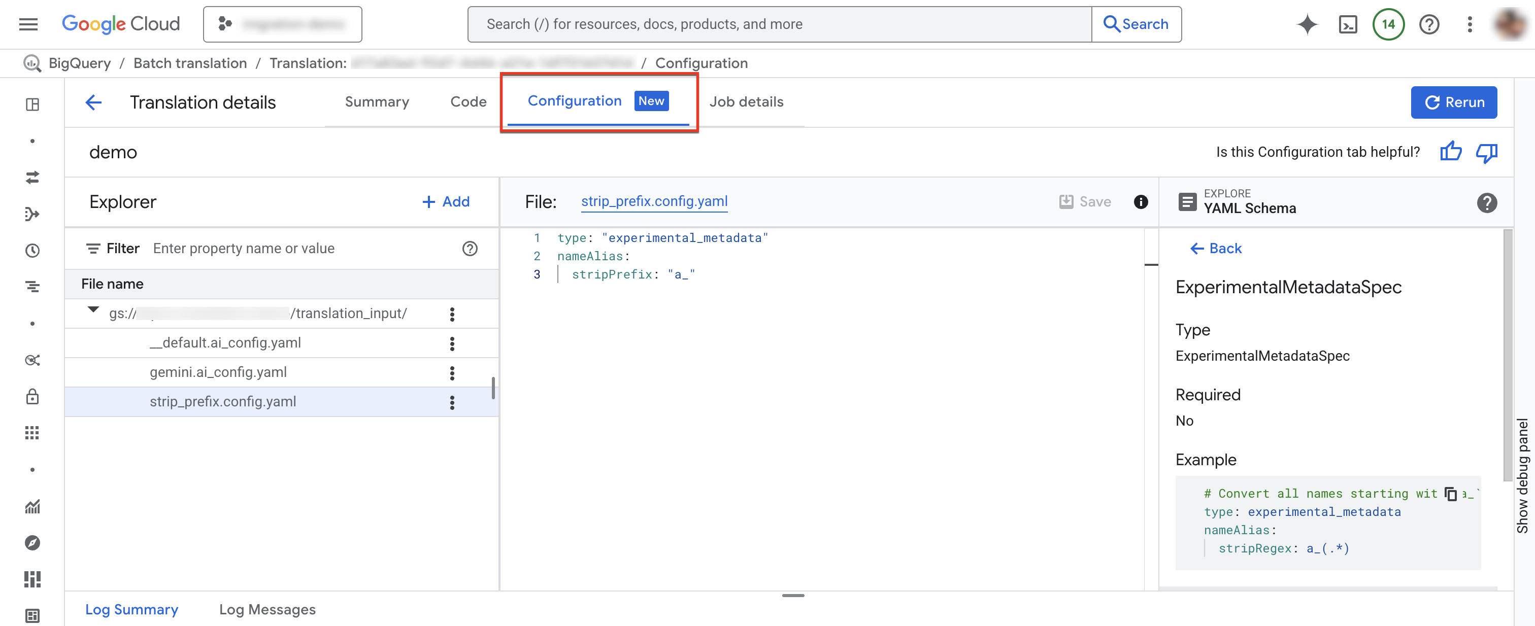 Rufen Sie den Tab „Konfiguration“ auf der Seite „SQL-Übersetzung“ auf.