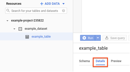 Page "Détails de la table" dans la console Google Cloud .