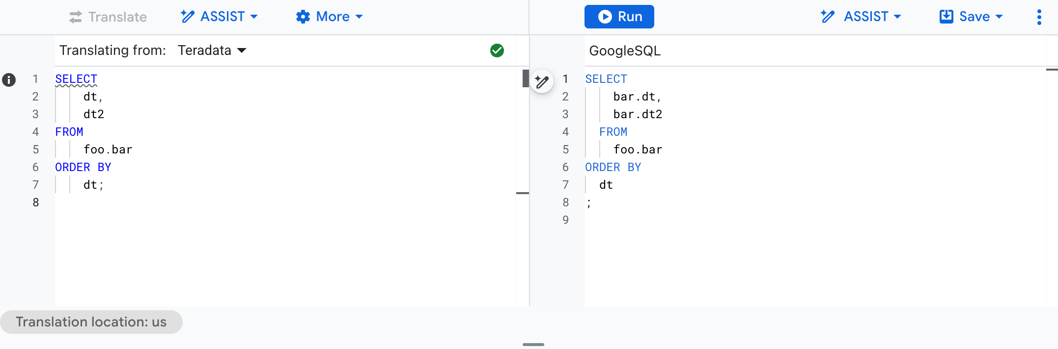 Muestra una consulta de SQL de Teradata traducida a GoogleSQL.