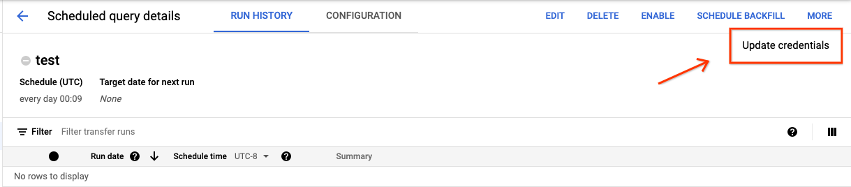 Actualizar las credenciales de una consulta programada.
