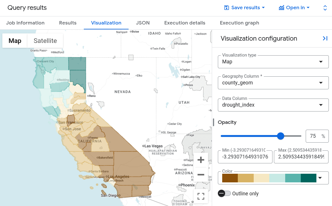 Visualisation de l'indice de sécheresse dans BigQuery Studio.