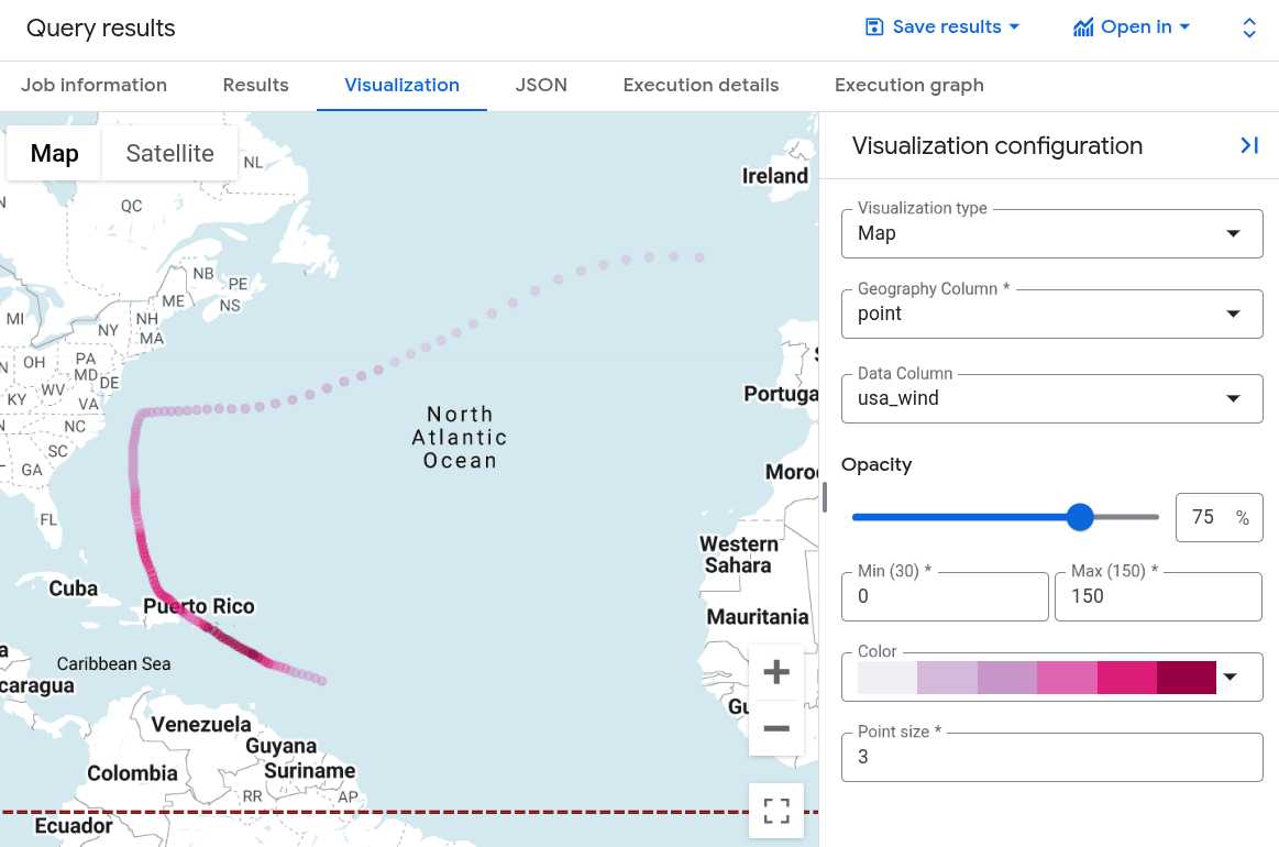 Visualisation des résultats de la requête sur l&#39;ouragan Maria dans BigQuery