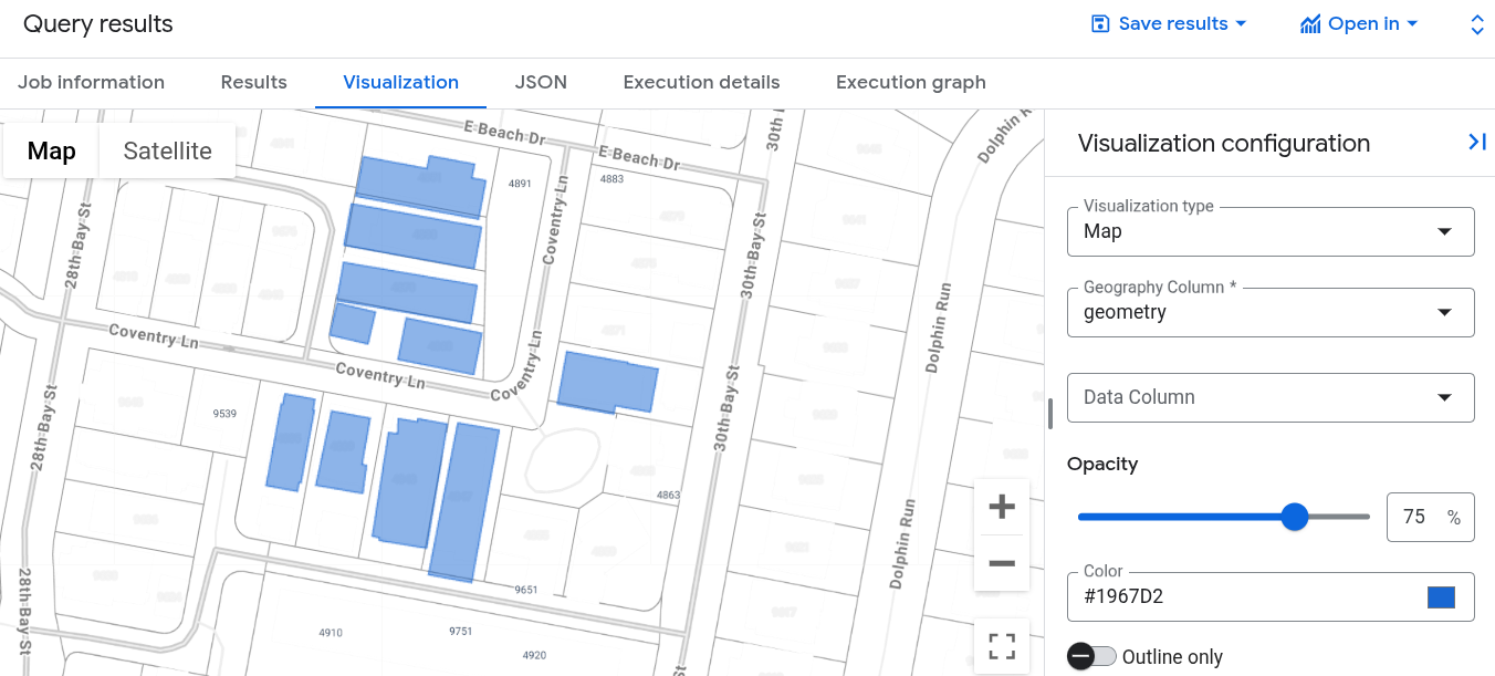 נתונים גיאו-מרחביים שמוצגים באופן חזותי ב-BigQuery.