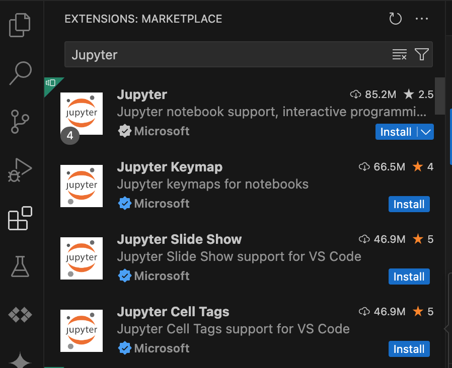 Es una lista de extensiones de Jupyter en la consola de VS Code.