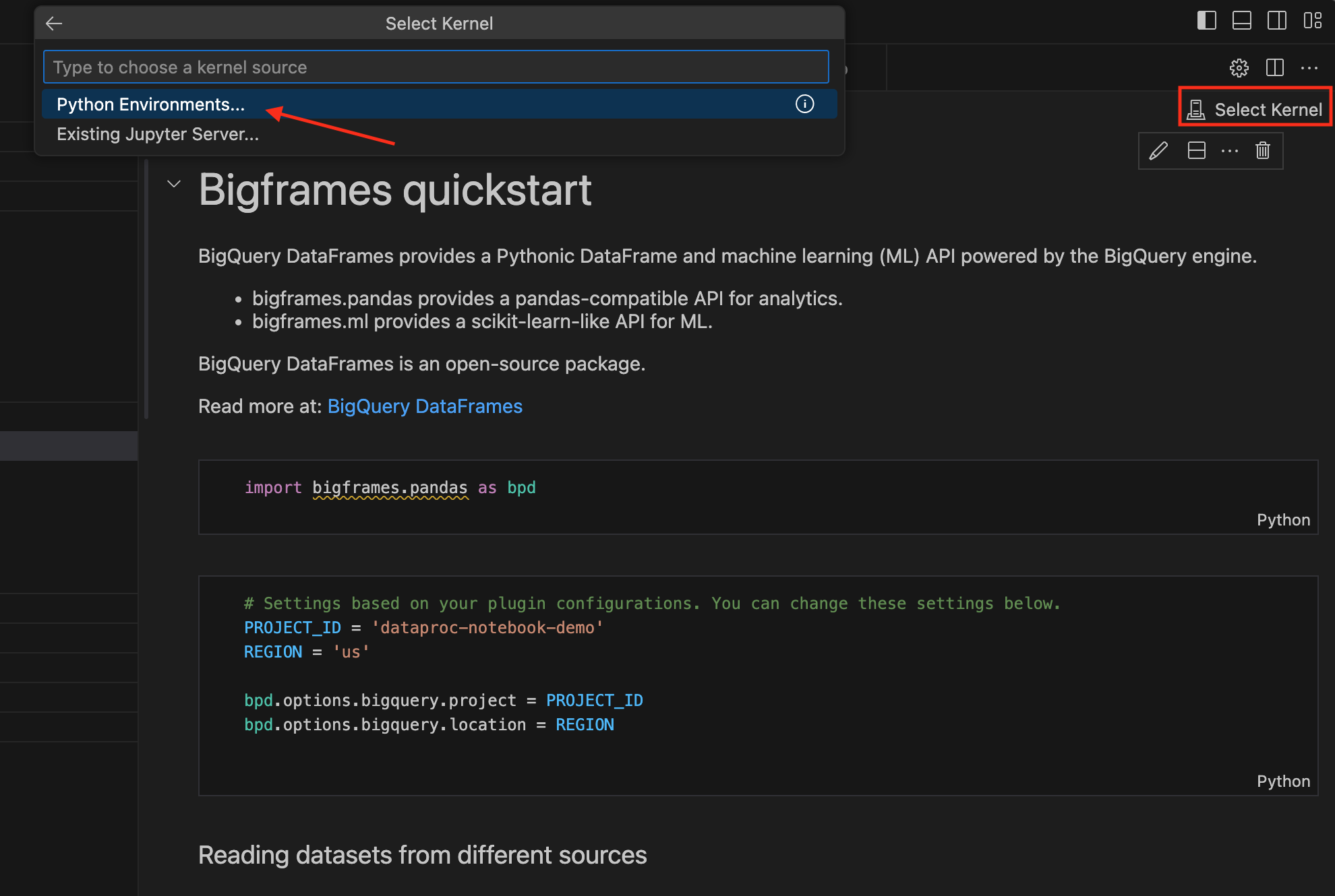Antarmuka pemilihan kernel di konsol VS Code.