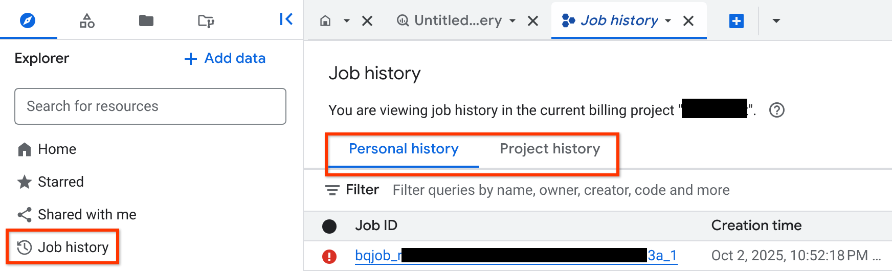 Tab untuk histori pribadi dan histori project serta kueri tersimpan.