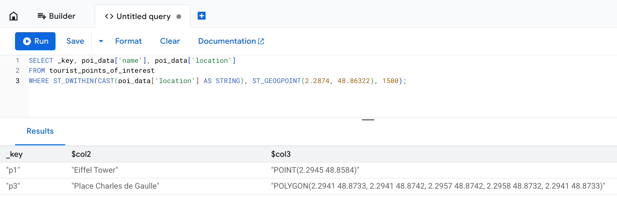 Screenshot showing the tourist_points_of_interest table in Bigtable Studio
    with query results filtered with the ST_DWITHIN geography function.