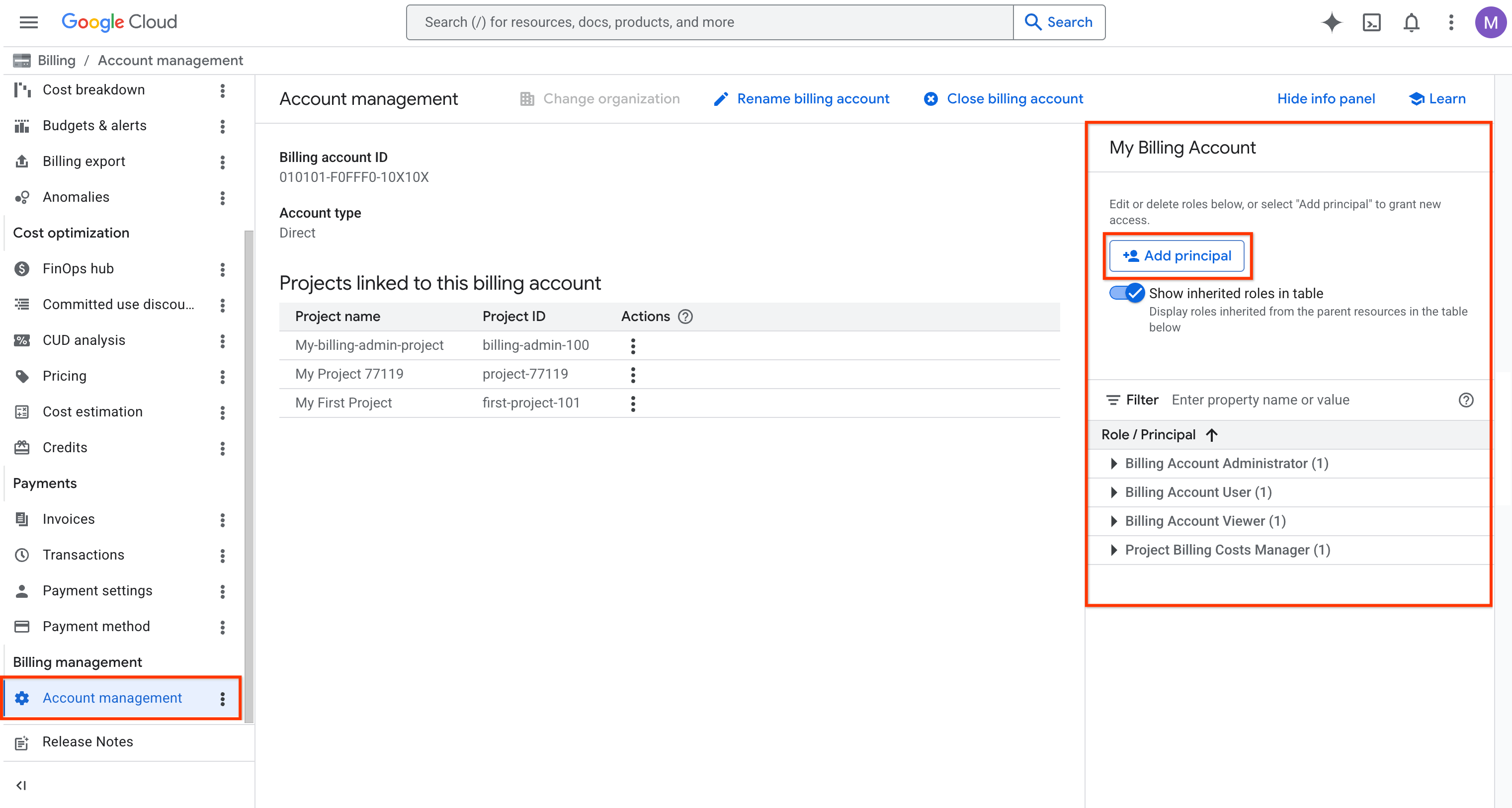 Account management page for a billing account. Click to view larger image.
