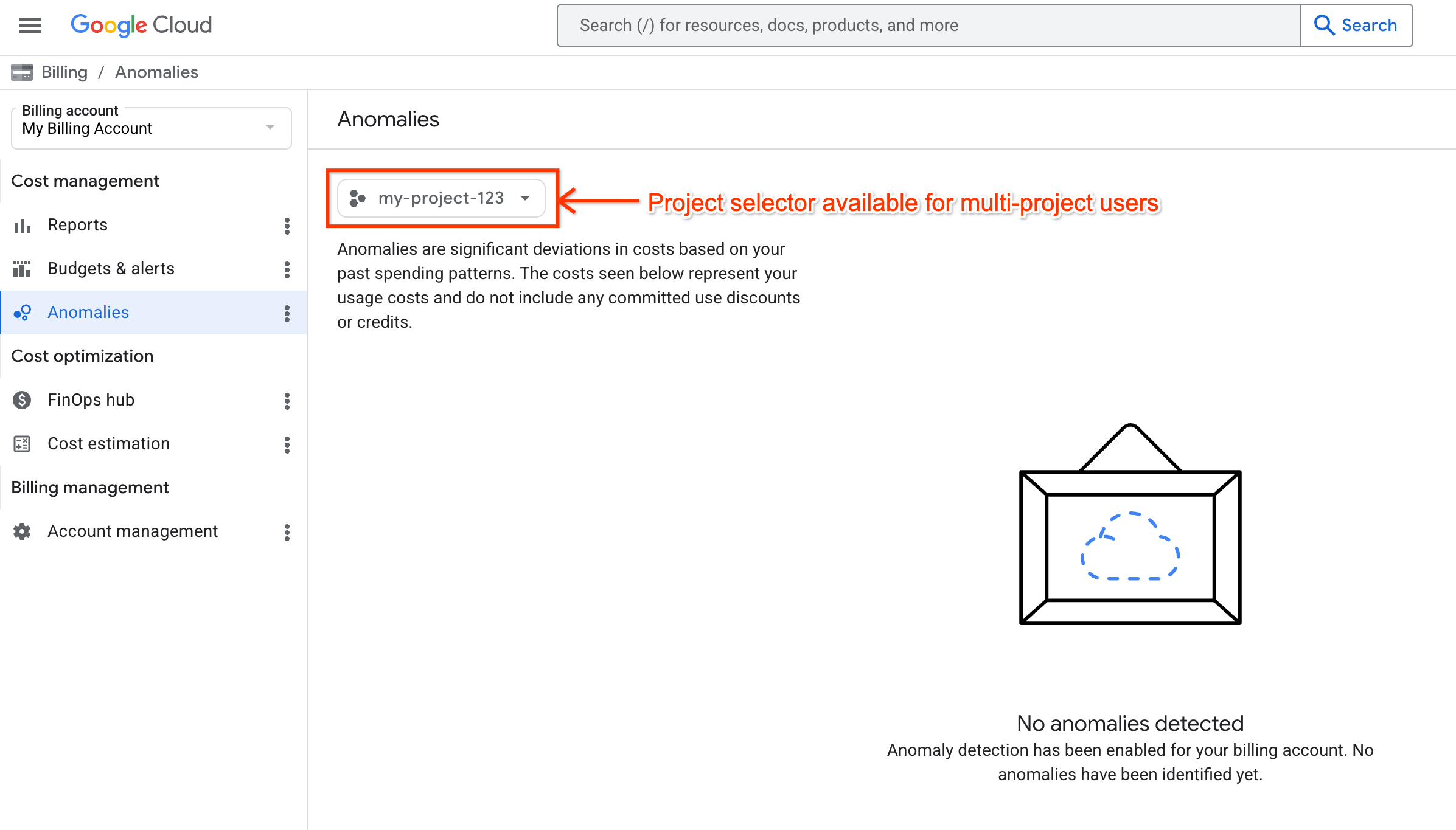 Example of the anomalies page, showing the project picker available for users with multi-project access to the billing account.