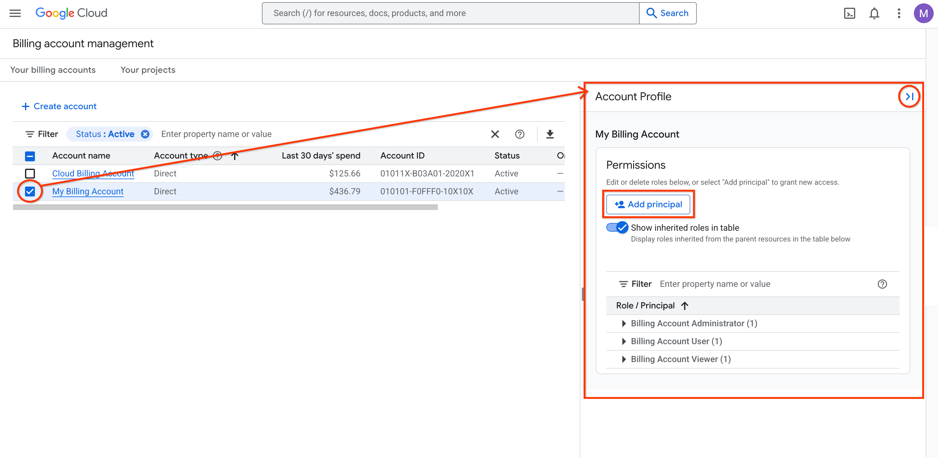 Billing account management page. Click to view larger image.