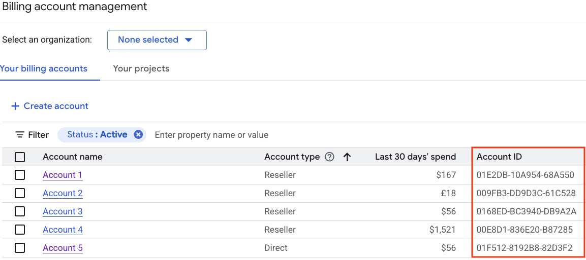 請求先アカウント ID の場所を示す請求管理ページのスクリーンショット。
