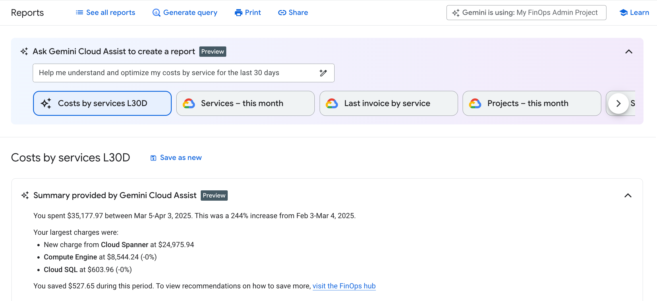 Cloud Billing の Gemini Cloud Assist 機能が有効で、請求レポートで使用できる状態になっています。