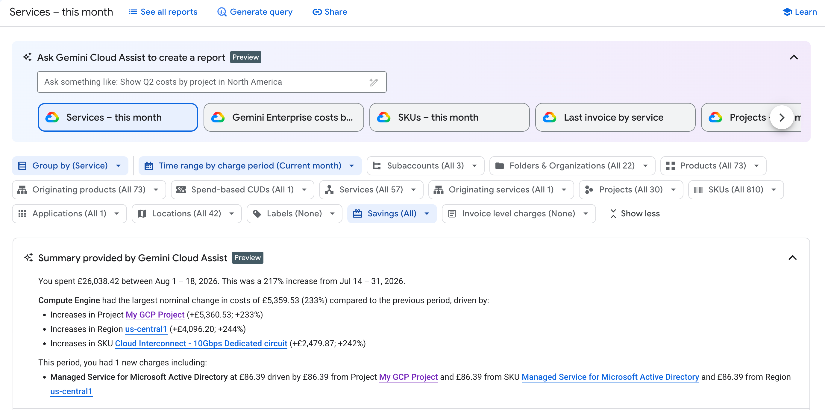 Le funzionalità di Gemini Cloud Assist in fatturazione Cloud sono abilitate per l'utilizzo nei report sulla fatturazione.