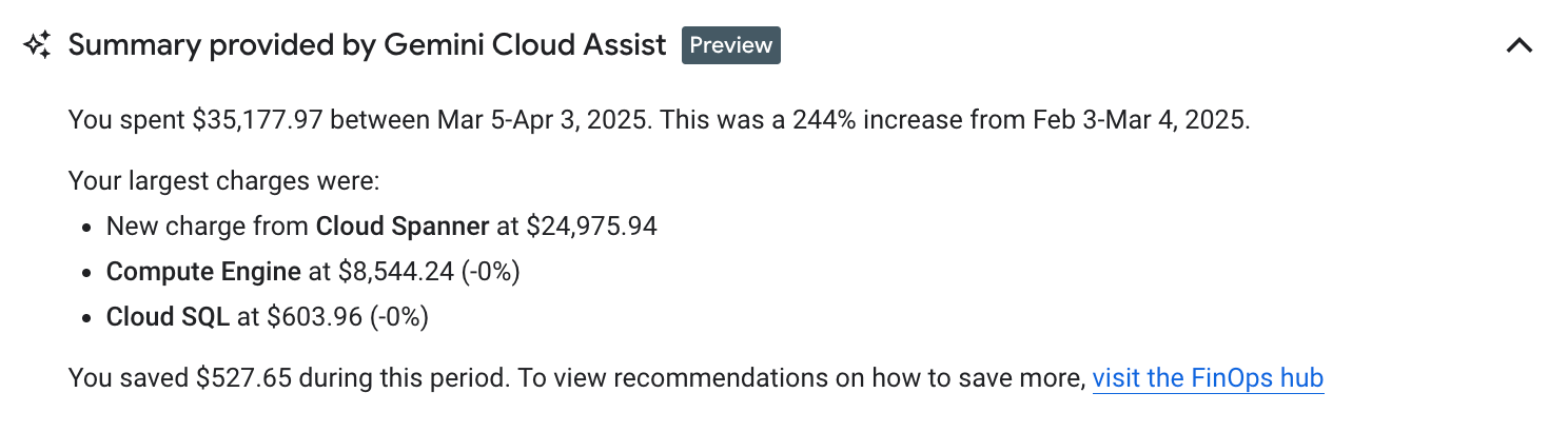 דוגמה לסיכום דוח שנוצר באמצעות Gemini Cloud Assist.