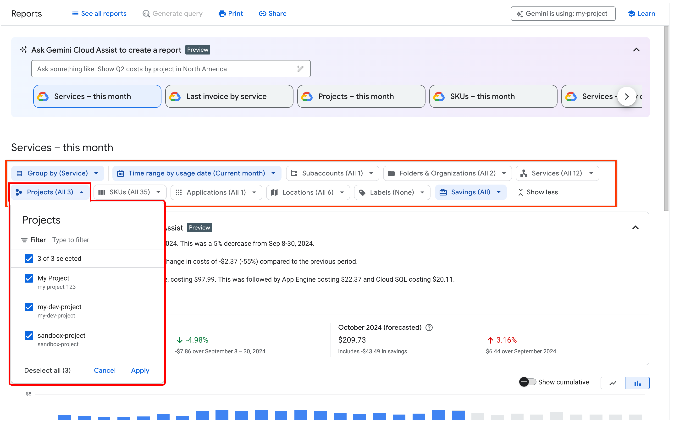 Example of the reports page, showing the project filter available for users with multi-project access to the billing account.
