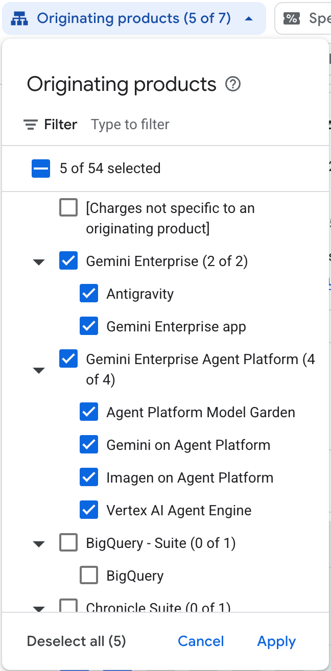Configuring the Originating products filter.