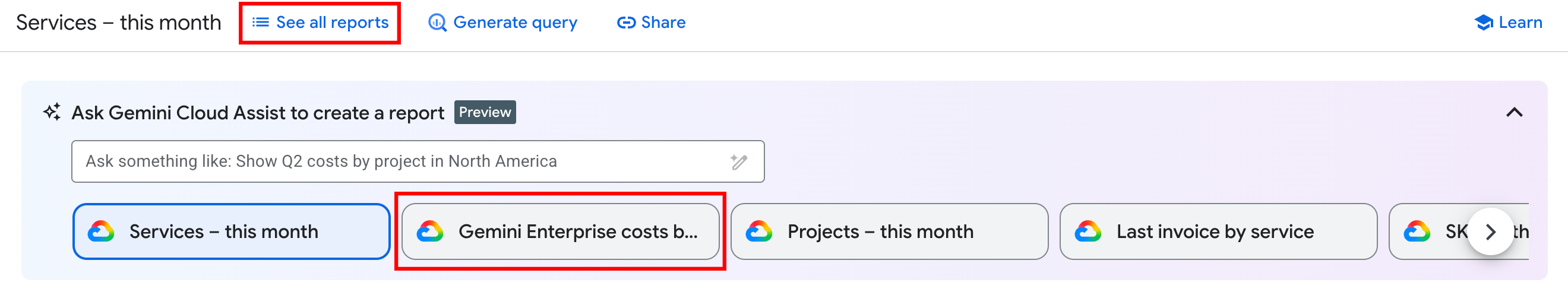 Preset and saved reports carousel, use to quick-configure the Gemini Enterprise report filters and settings.