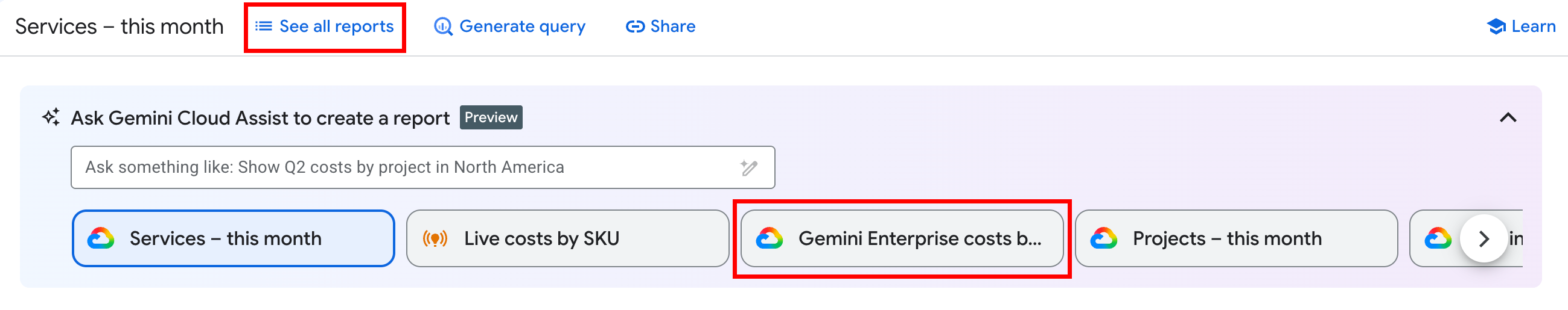 Carrossel de relatórios predefinidos e salvos, usado para configurar rapidamente os filtros e as configurações do relatório do Gemini Enterprise.