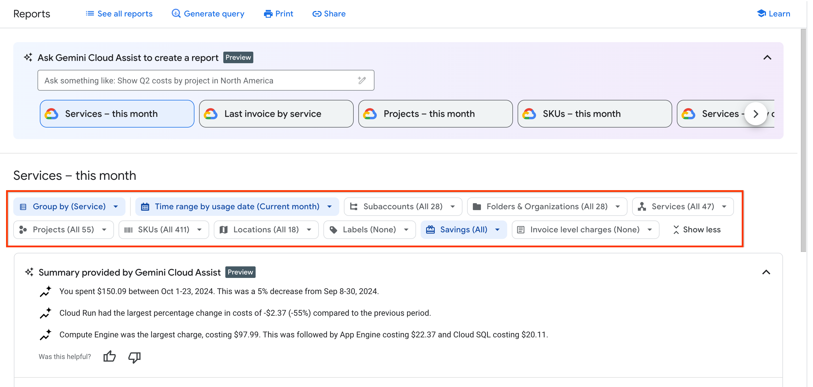 Example of the reports page, showing the report filters in a horizontal
   bar above the report.