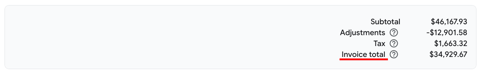Example of a report footer showing an invoice total, which includes
taxes and adjustments.