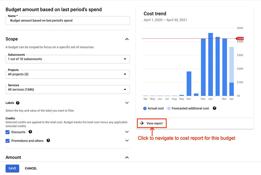 Exemplo do gráfico de tendência de custo de um orçamento, visível ao criar ou
          editar um orçamento, mostrando o link para navegar até a página do relatório de
          custos.