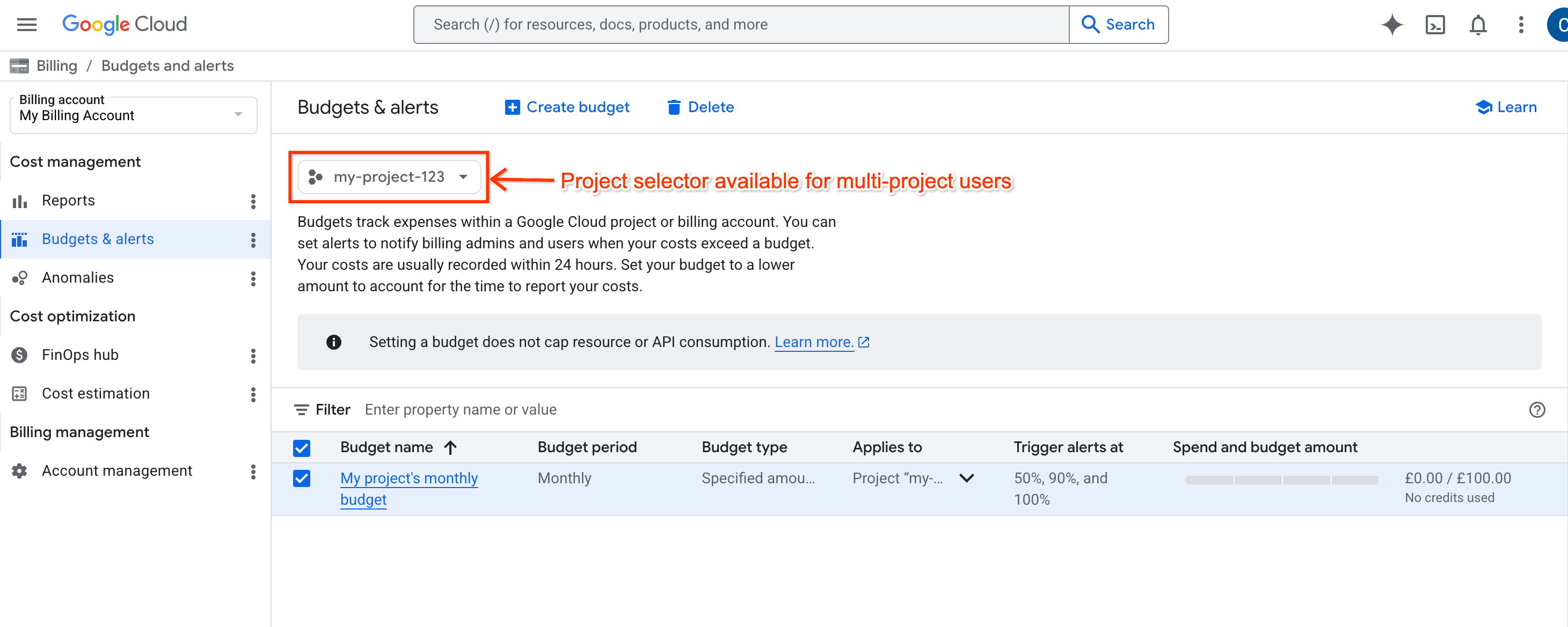 Exemple de la page "Budgets" montrant le sélecteur de projet disponible pour les utilisateurs ayant accès à plusieurs projets dans le compte de facturation.