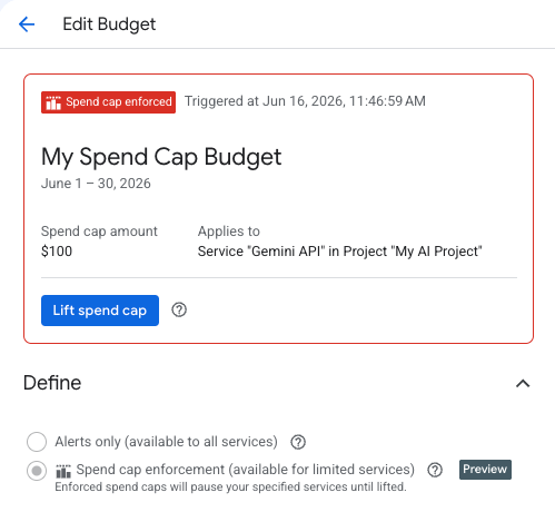 Edit a budget to lift an enforced spend cap.