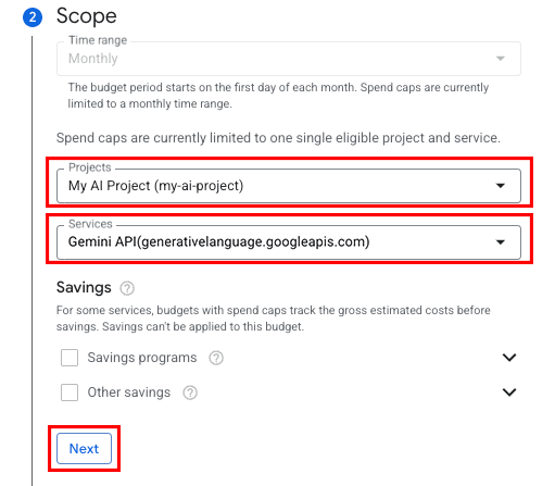 Step 2: Scope - select project and service for the spend cap budget.