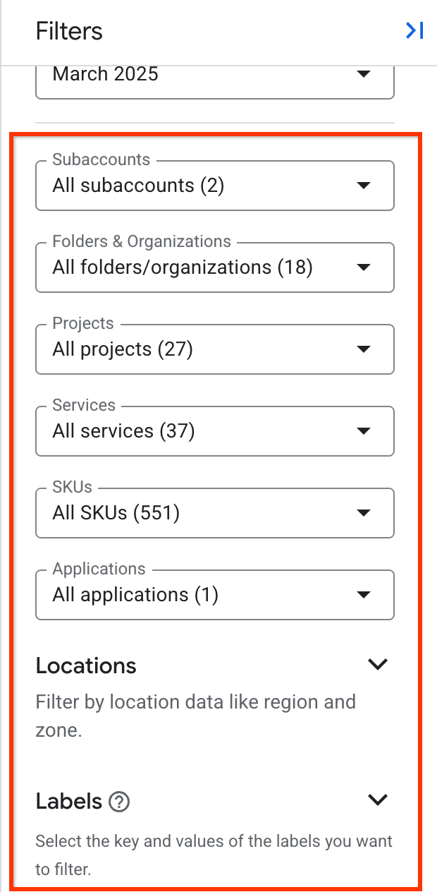 Varios selectores de filtros en el panel de filtros.