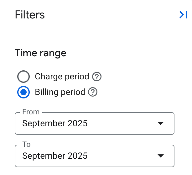 Shows the report's time range setting in the filters panel, with options
to select charge period or billing period.