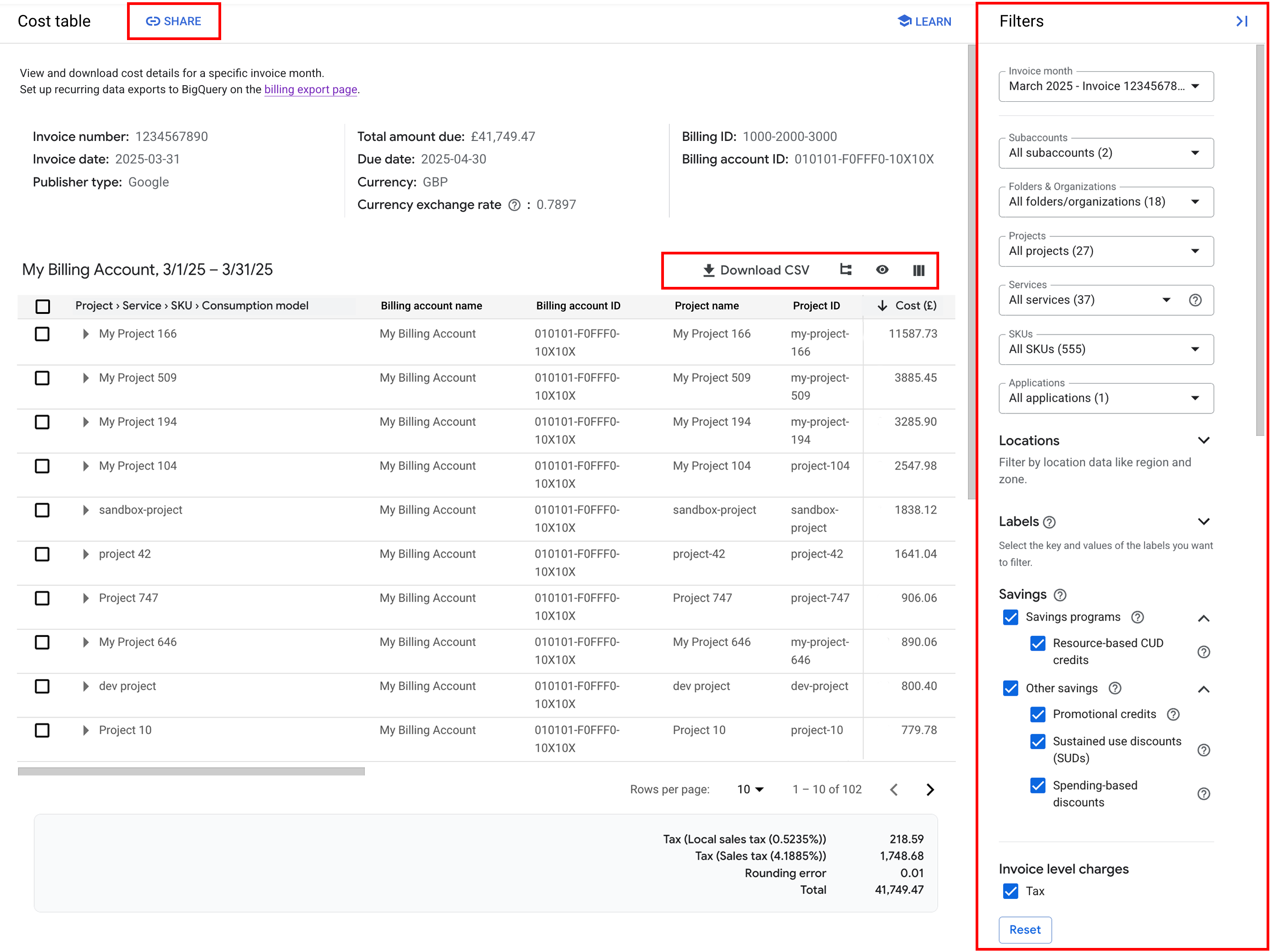 Example of the default cost table report view.