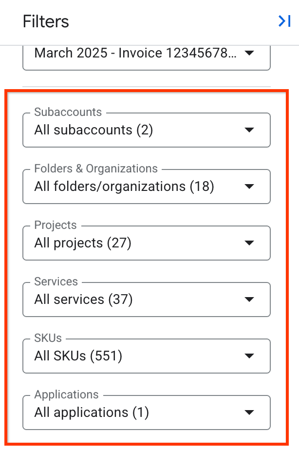 Varios selectores de filtros en el panel de filtros.