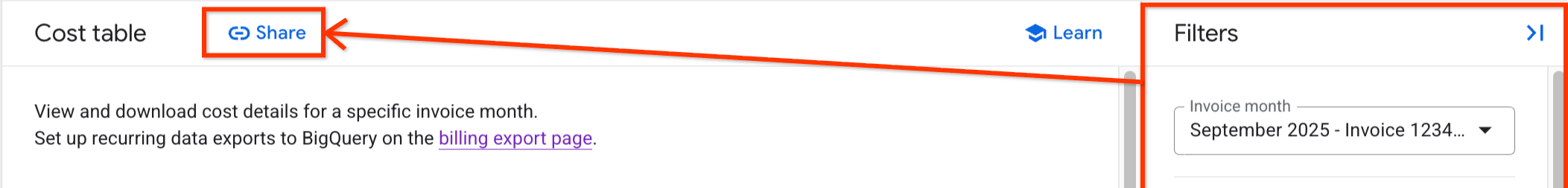 Share button on the Cost table report.