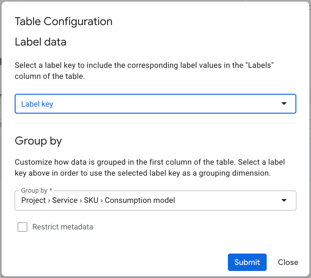 Caixa de diálogo de configuração da tabela.
