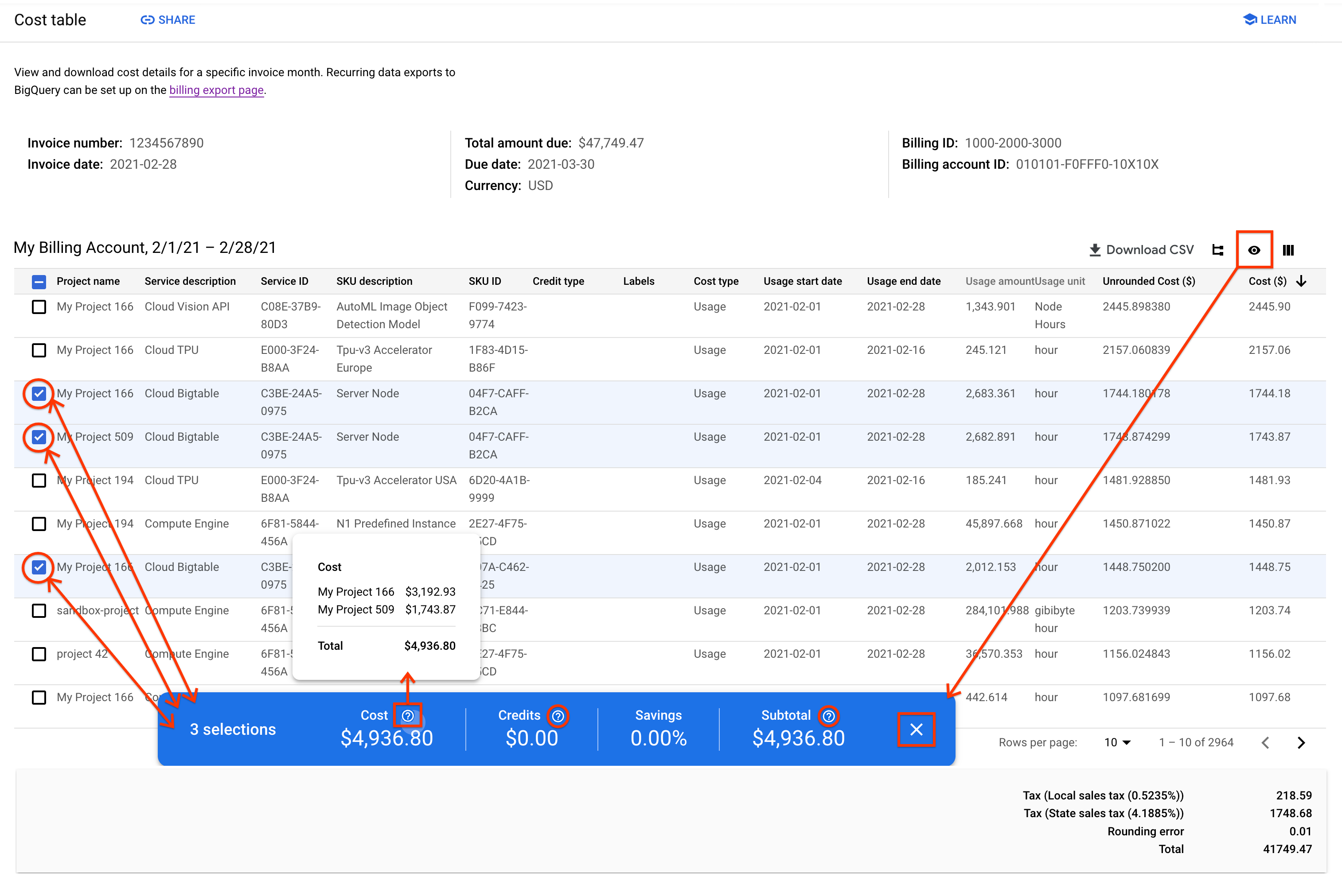 Example of a cost table report displaying the summary bar.